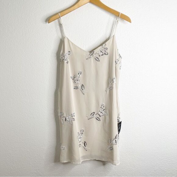 Lulus Elevated Approach Neutral Beaded Sequin Floral Shift Mini Dress Medium - Picture 2 of 6